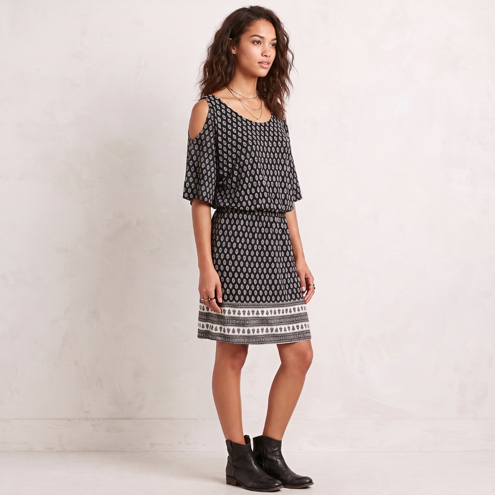 Lascana Boho Blouson Dress Cold Shoulder Knit Mosaic Tribal Black Festival 12